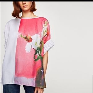 Zara white with pink floral print top